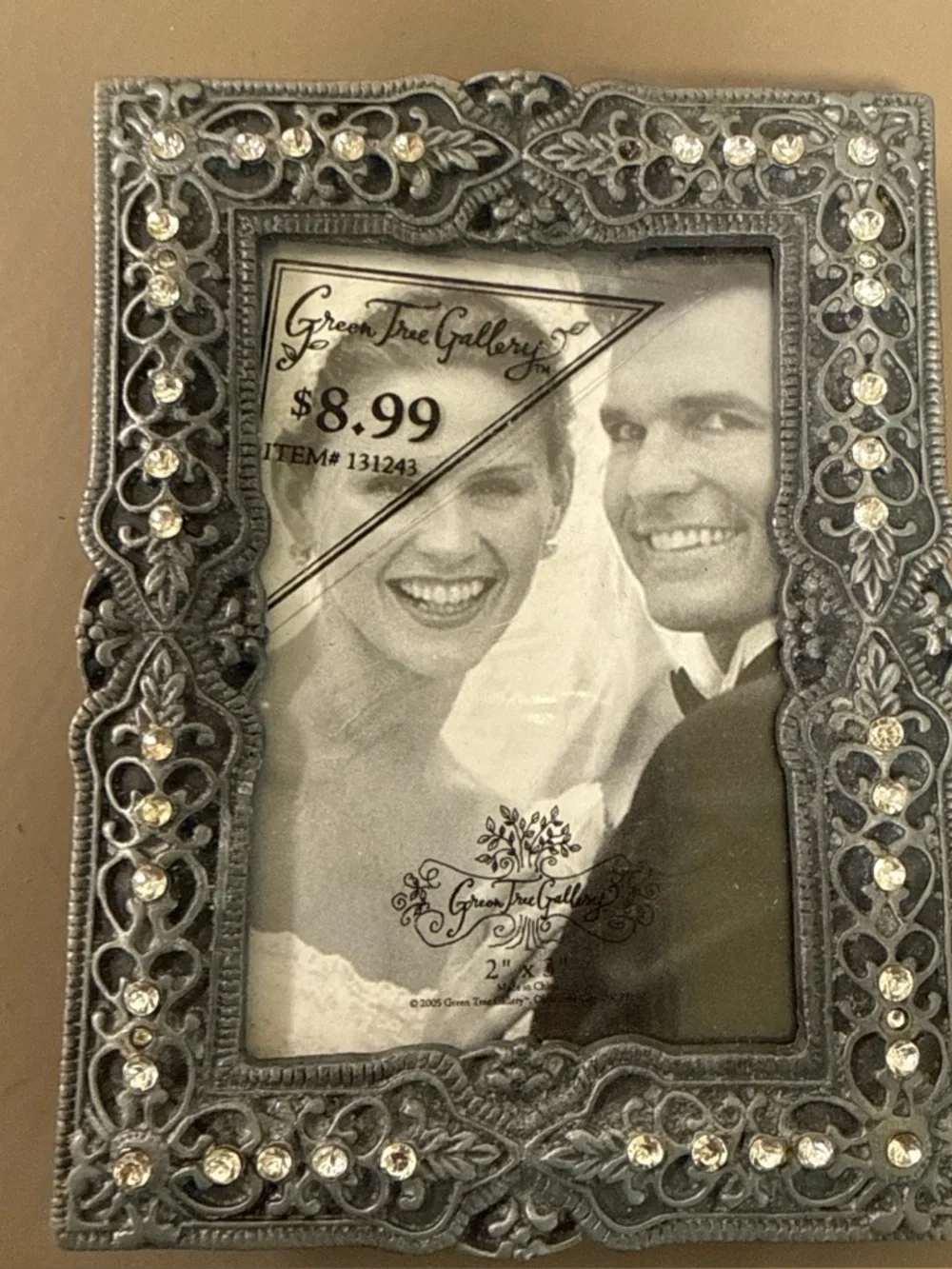 Two Silver Tone Vintage Victorian Style 2” x 3” Photo Frames w/ Rhinestones NOS